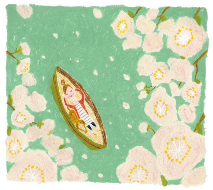 「すこやか健保」表紙絵　健保連 2014年「ボートに寝そべる女性」