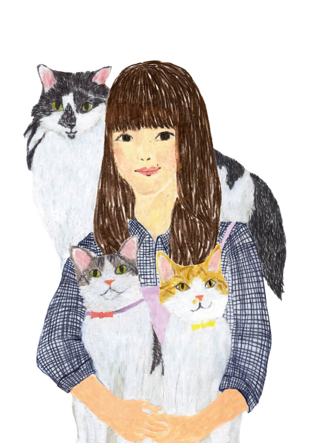 「ねこのきもち」イラストカット ベネッセ 2020年1月号「女性と3匹の猫」